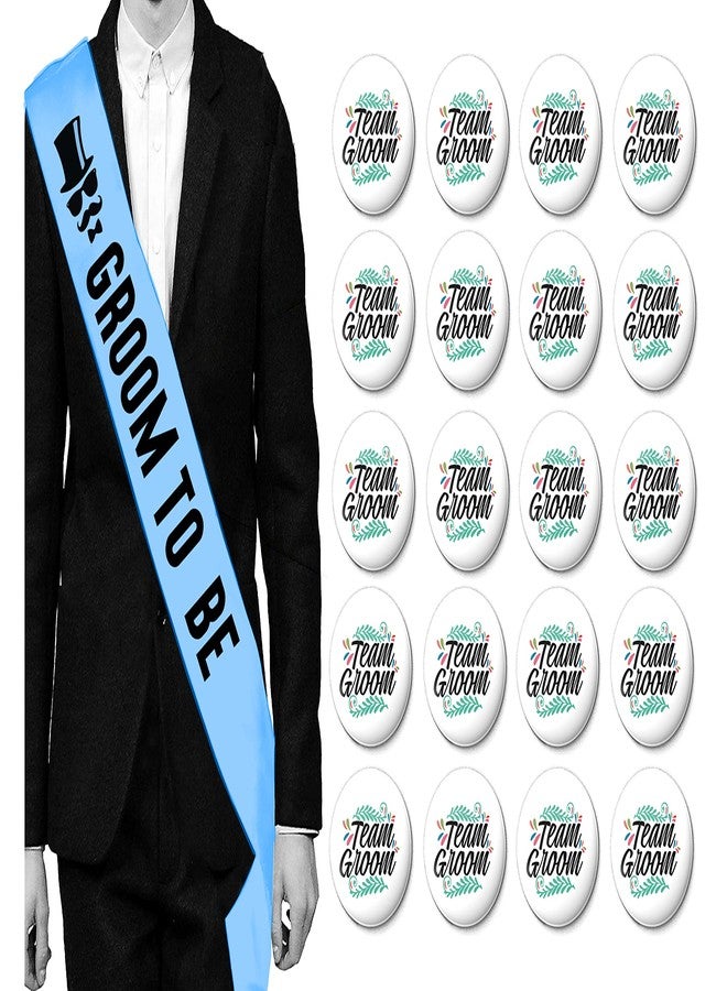 Hubops Groom to be sash with 20 pcs Team Groom pin Badge for Bachelors Party Props Supply Decorationh Combo Pack (Blue Combo) - Image 1